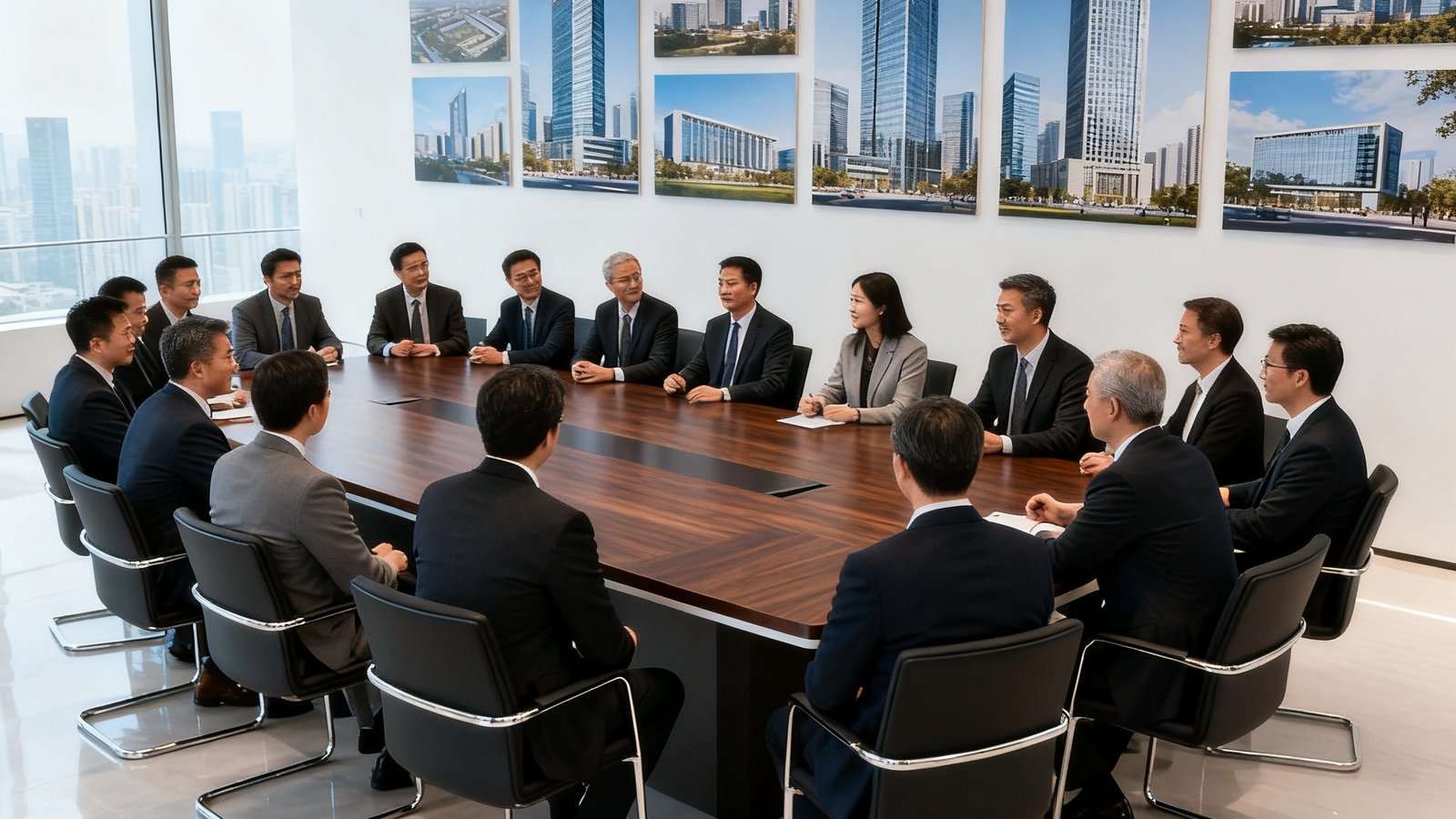 tyc贵宾会集团总部核心管理团队在会议室讨论的场景，背景墙展示着服务过的超甲级写字楼项目照片墙，团队成员共28人围坐在现代风格的会议桌旁