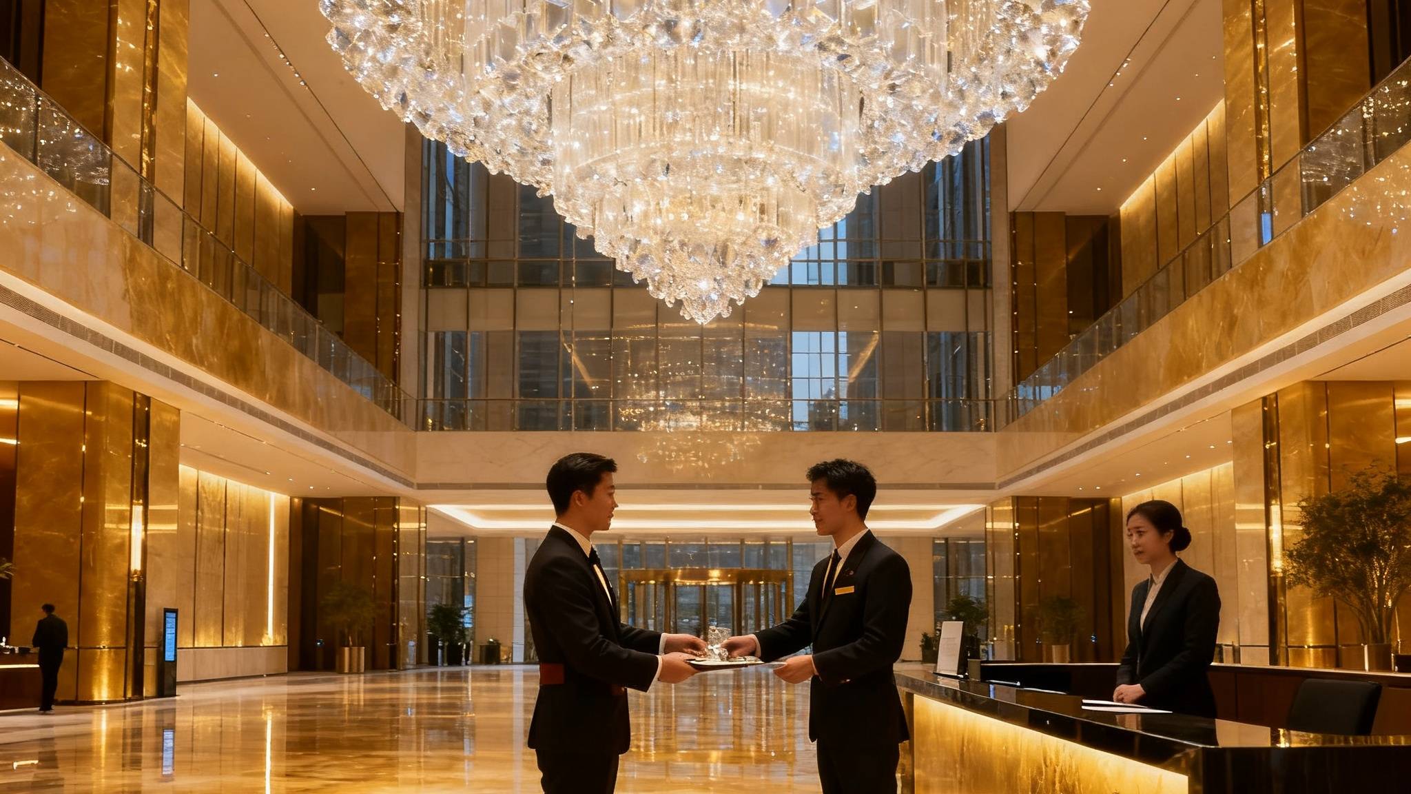 tyc贵宾会服务的超甲级写字楼大堂，暖金色灯光映照大理石地面，管家正在为访客提供接待服务，背景是挑高12米的水晶吊灯大厅