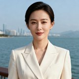 锦澜会所创始人李女士的头像，一位气质优雅的女士，穿着米白色职业套装，背景是深圳湾海景